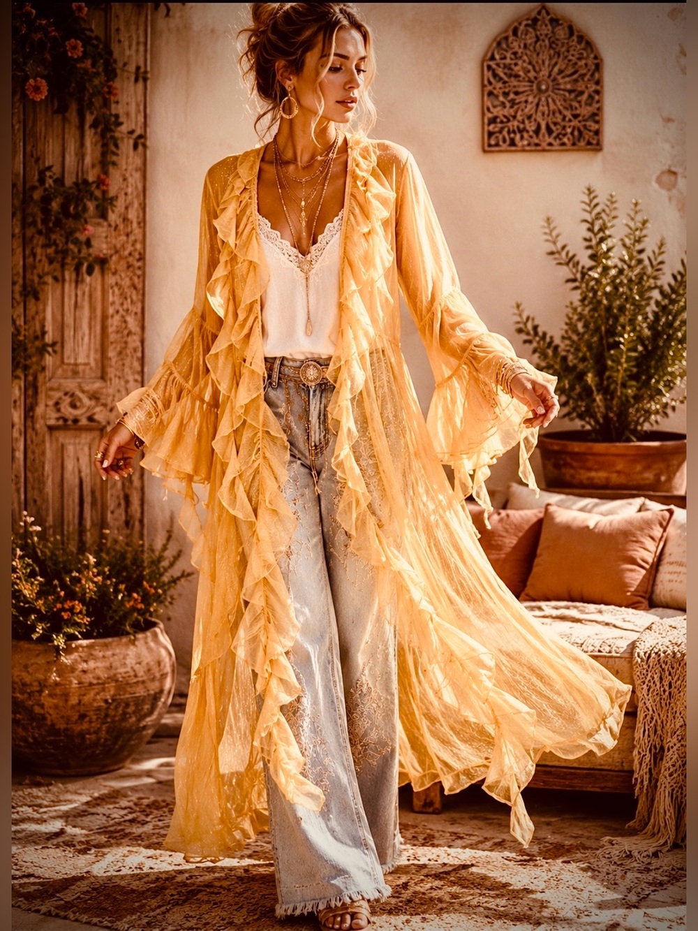 NWOT Free People Bali Fairydust Golden Yellow Ruffled Sheer Duster/Robe